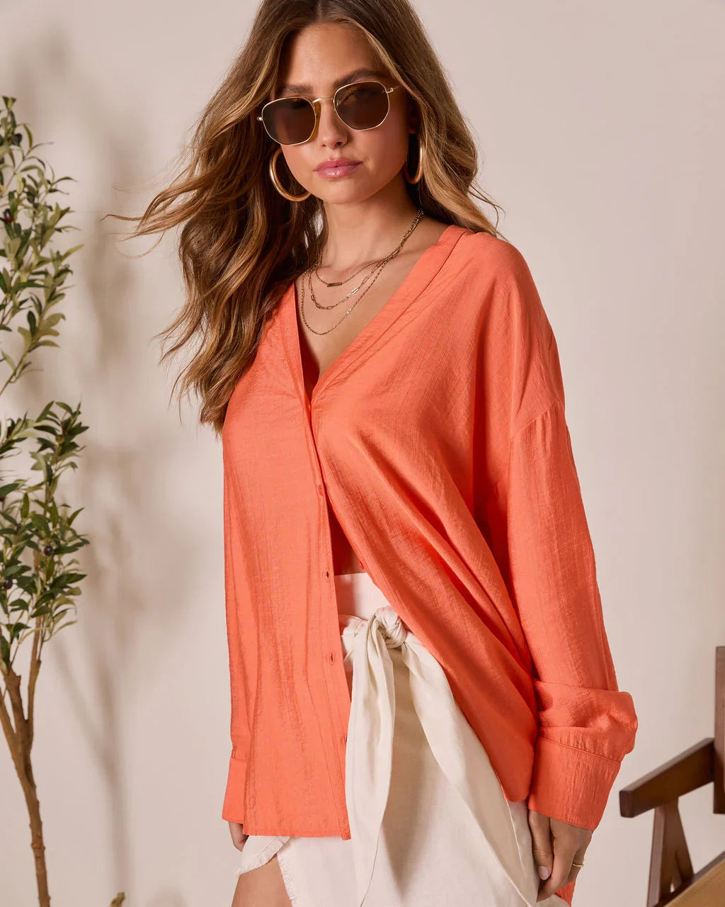 House Of Sun Satin Button Up Top