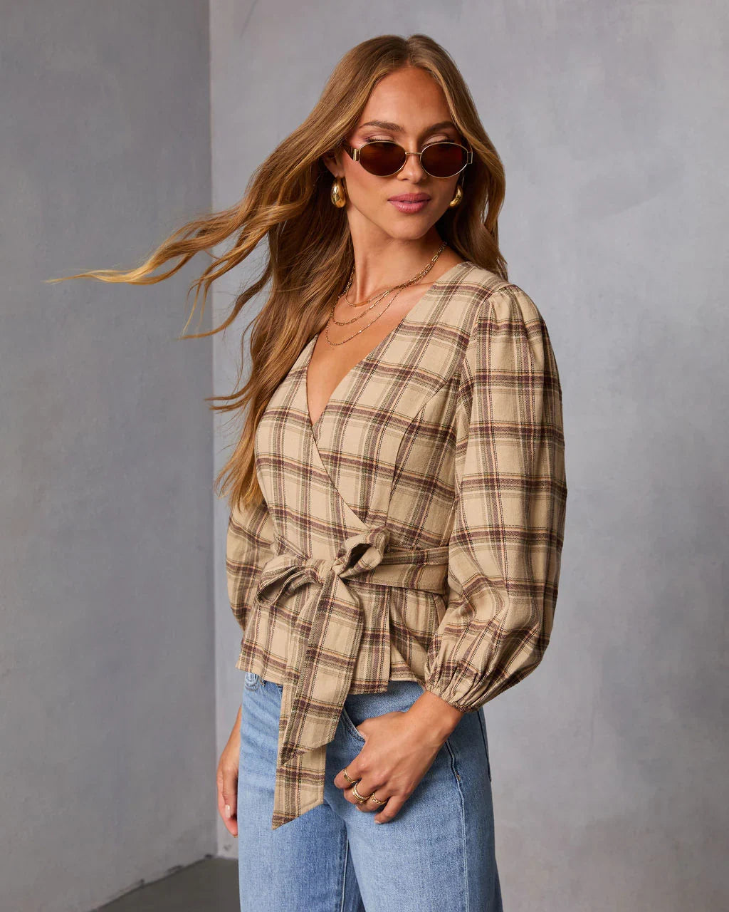 Nalena Plaid Wrap Blouse
