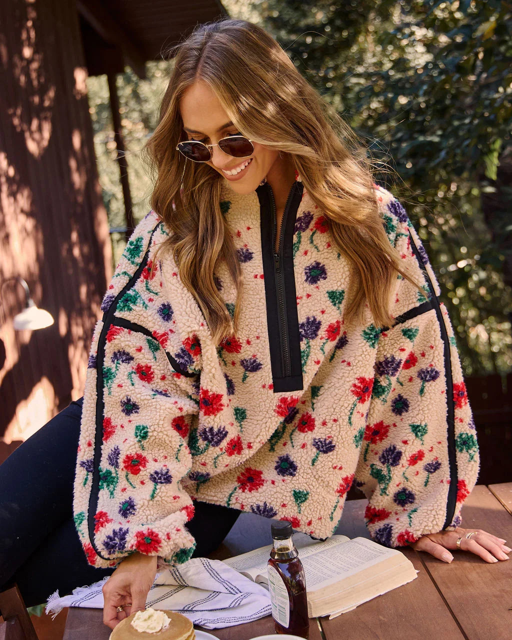 Pauleen Sherpa Floral Quarter Zip Sweatshirt