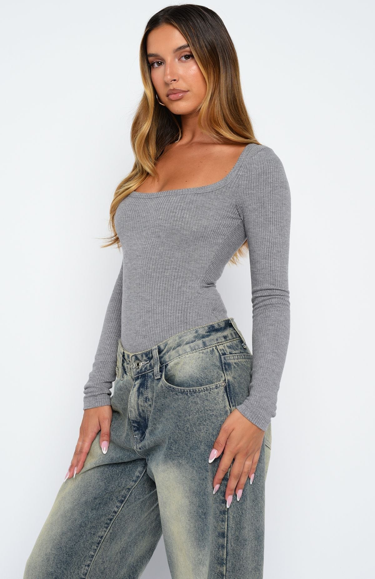 Easy Weekend Ribbed Long Sleeve Bodysuit Grey