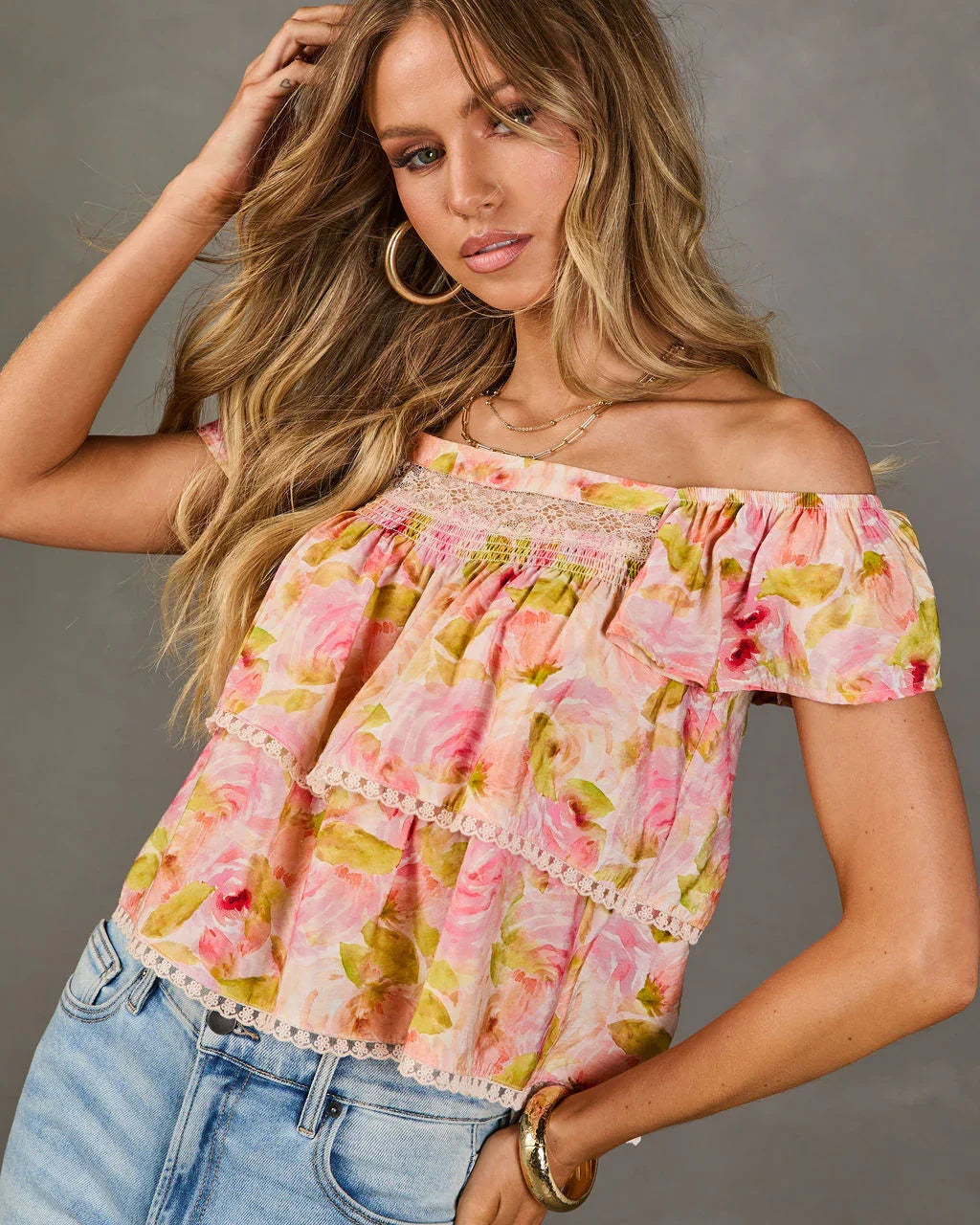 Honey Day Tiered Floral Lace Trim Top