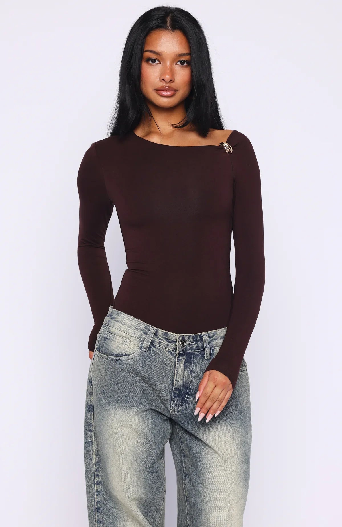 Double Down Long Sleeve Bodysuit Dark Chocolate