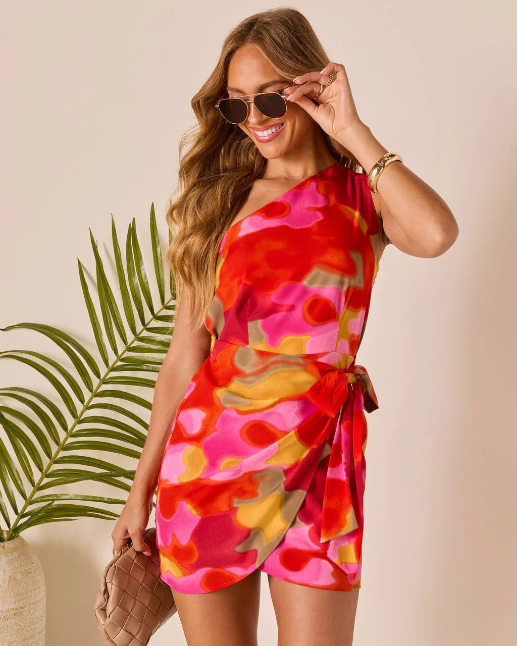 Tropic Kiss One Shoulder Wrap Mini Dress
