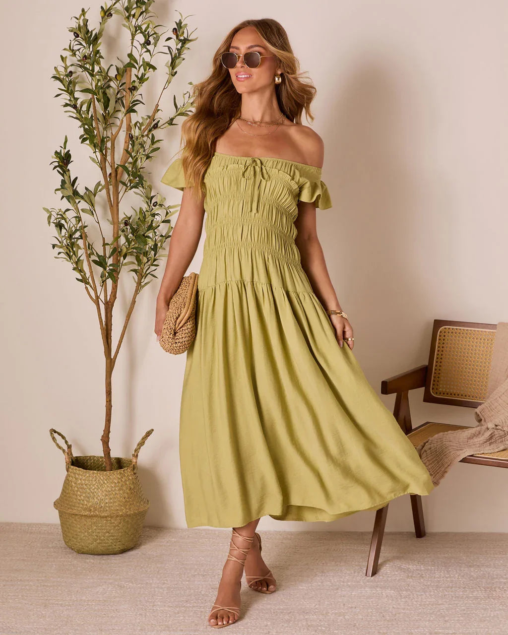 Linen Skies Flutter Sleeve Midi Dress