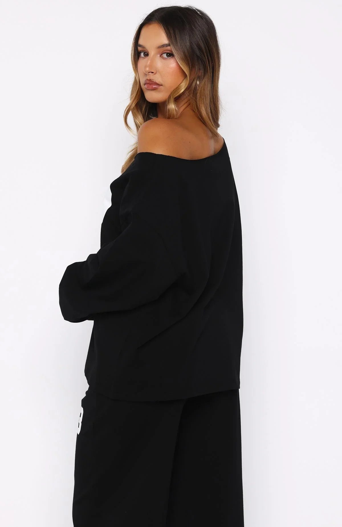 Only One Left Off Shoulder Oversized Long Sleeve Tee Black