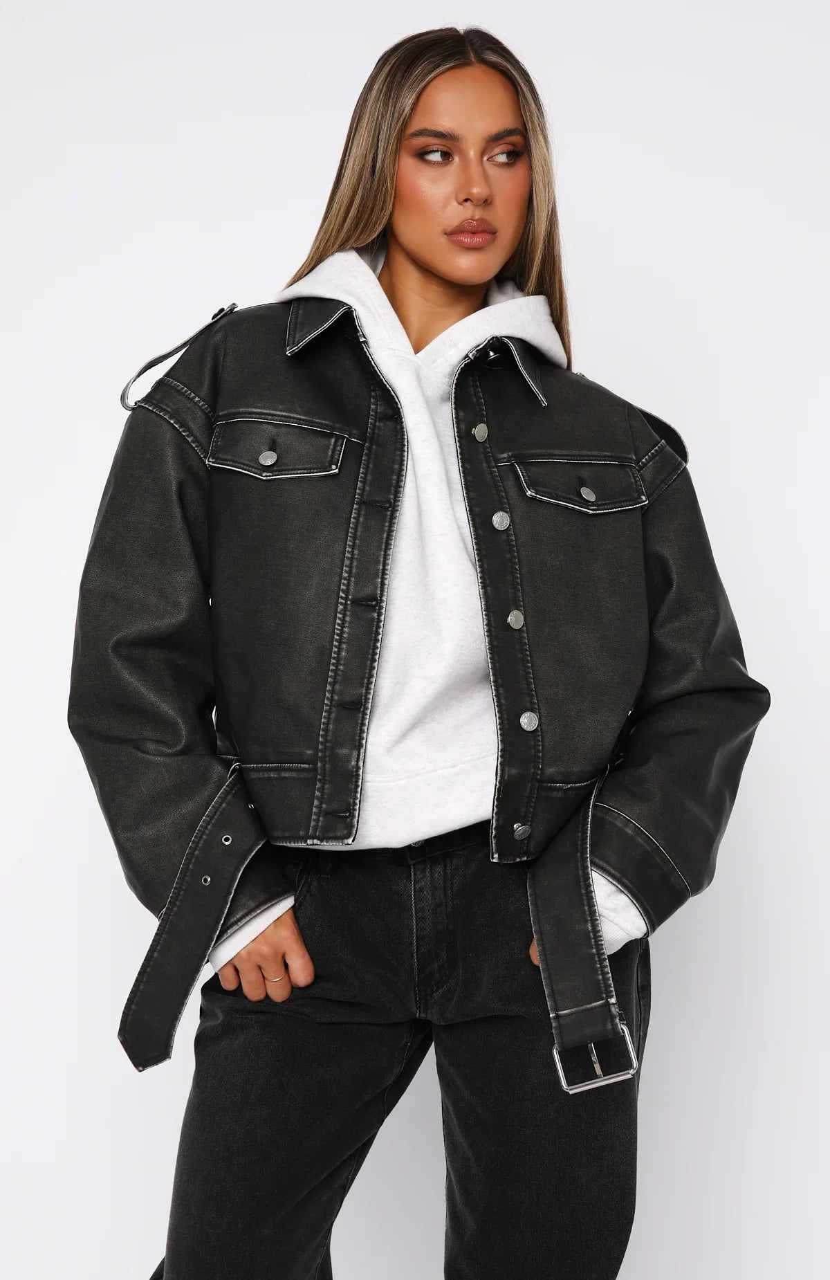 In This World PU Biker Jacket Charcoal Wash