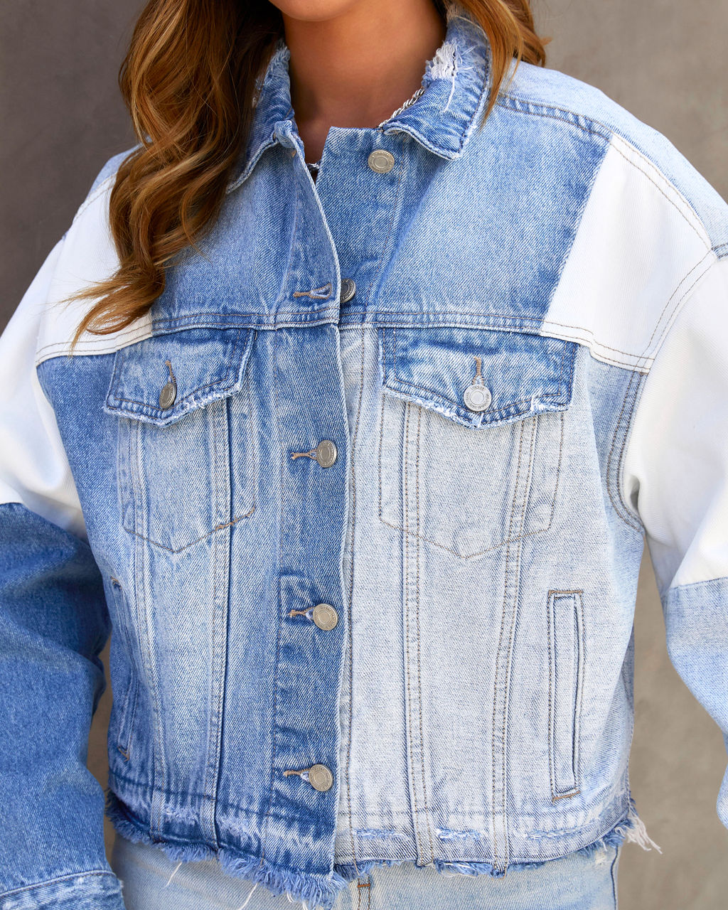 Justification Patchwork Denim Frayed Hem Jacket