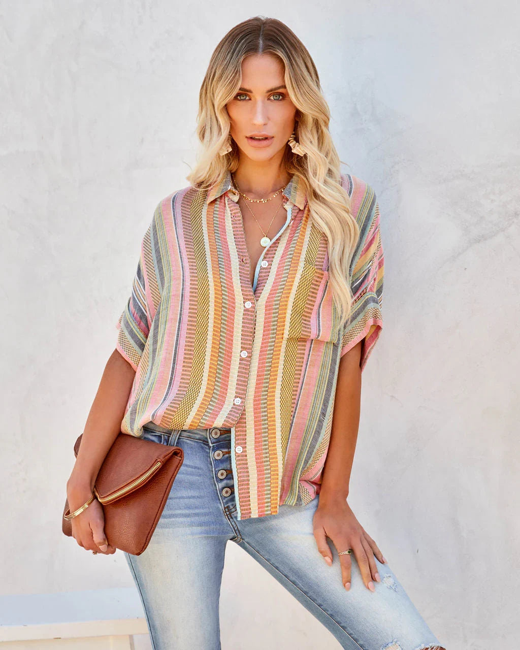 Camille Striped Woven Button Down Top