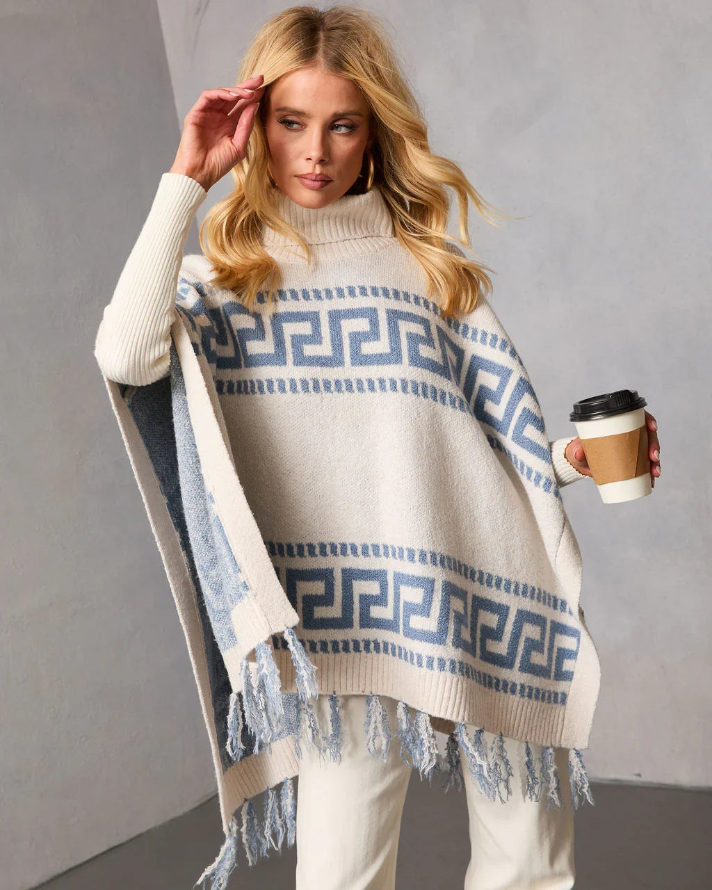 Maly Abstract Fringe Trim Poncho Sweater